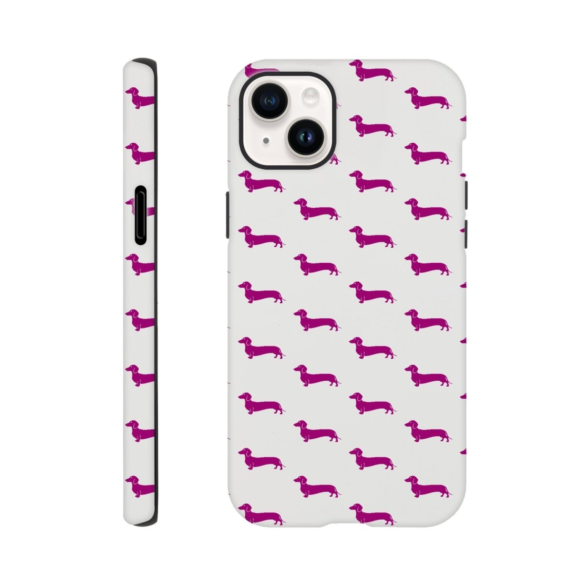 Dackel iPhone Handyhülle "Pablo" - Motiv Muster lila - iPhone 14 Plus