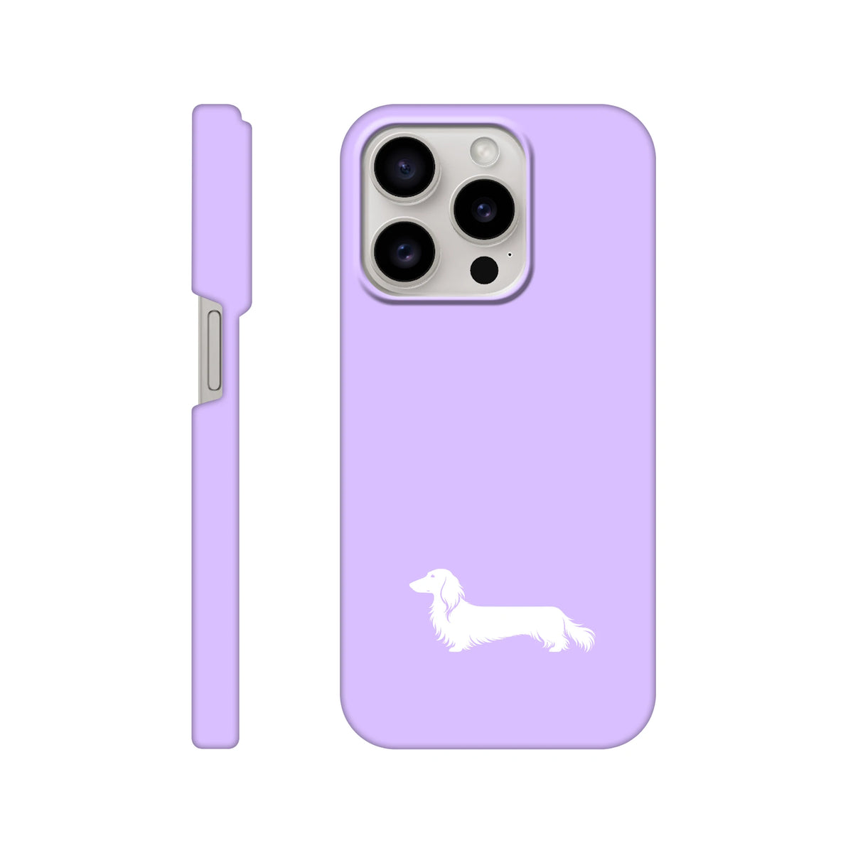 Langhaardackel iPhone Handyhülle „Finn“ - iPhone 15 Pro Flieder