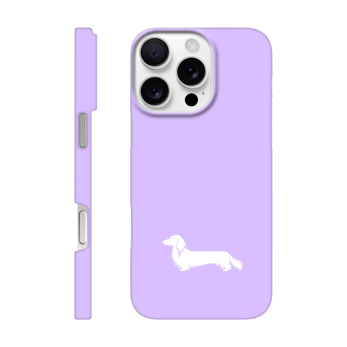 Langhaardackel iPhone Handyhülle „Finn“ - iPhone 16 Pro Max Flieder