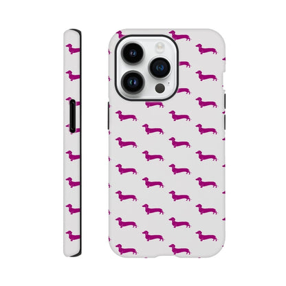 Dackel iPhone Handyhülle "Pablo" - Motiv Muster lila - iPhone 14 Pro