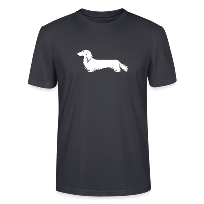 Langhaardackel T-Shirt „Finn“ - Unisex, großes Motiv - Dunkles Graublau